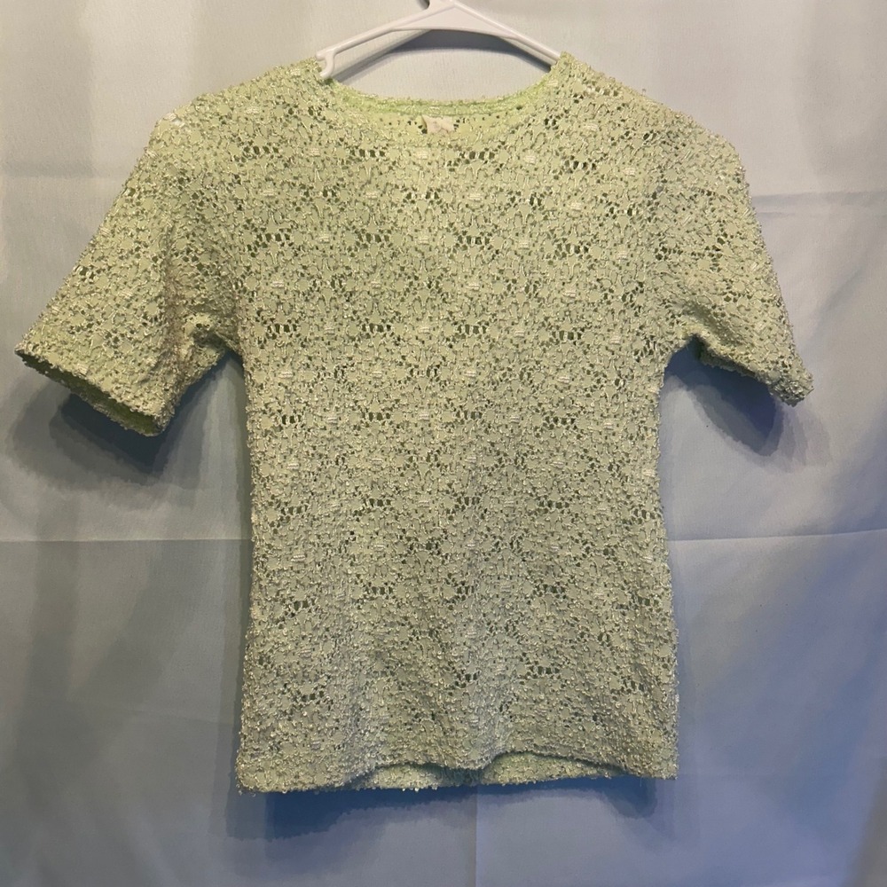 Vintage Mint Green Lace Knit Short Sleeve Top Pastel Blouse Large Y2K 90s Fairy